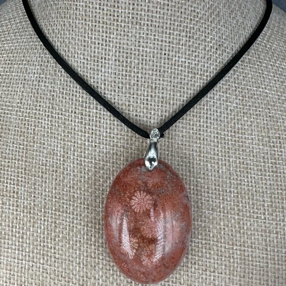 Orange and Pink/Lavender Coral Fossil Oval Pendant on Black Satin Rope - Picture 10 of 12